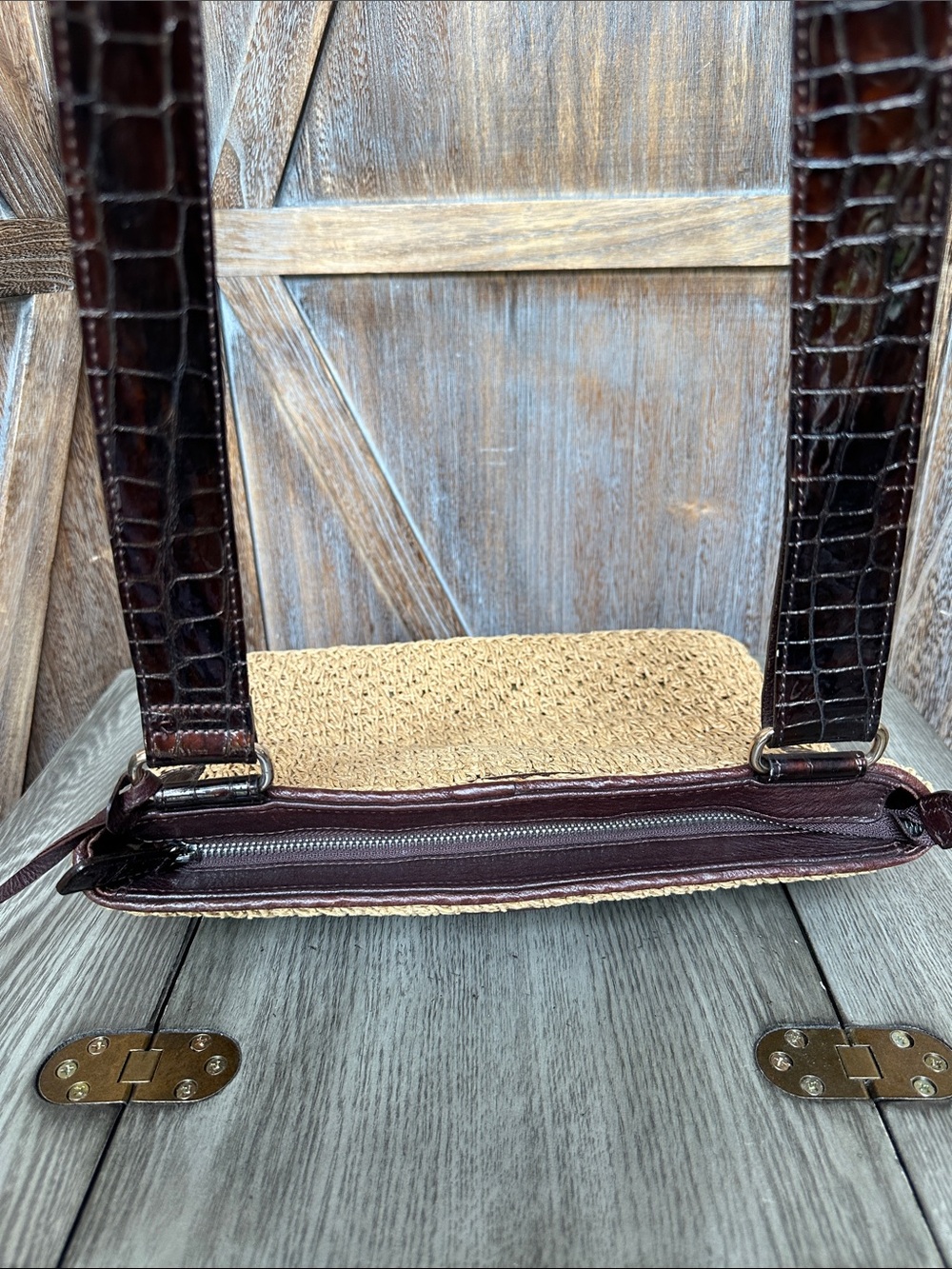 Brighton Woven Straw & Faux Crocodile Leather Crossbody Bag Purse - Picture 6 of 15